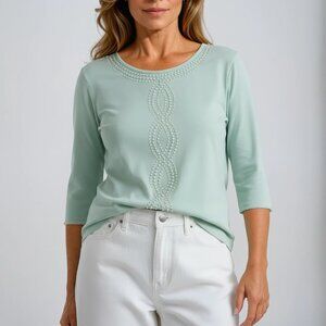 Alfred Dunner Lightweight Faux Pearl Studded Cotton Blend Top in Powder Blue